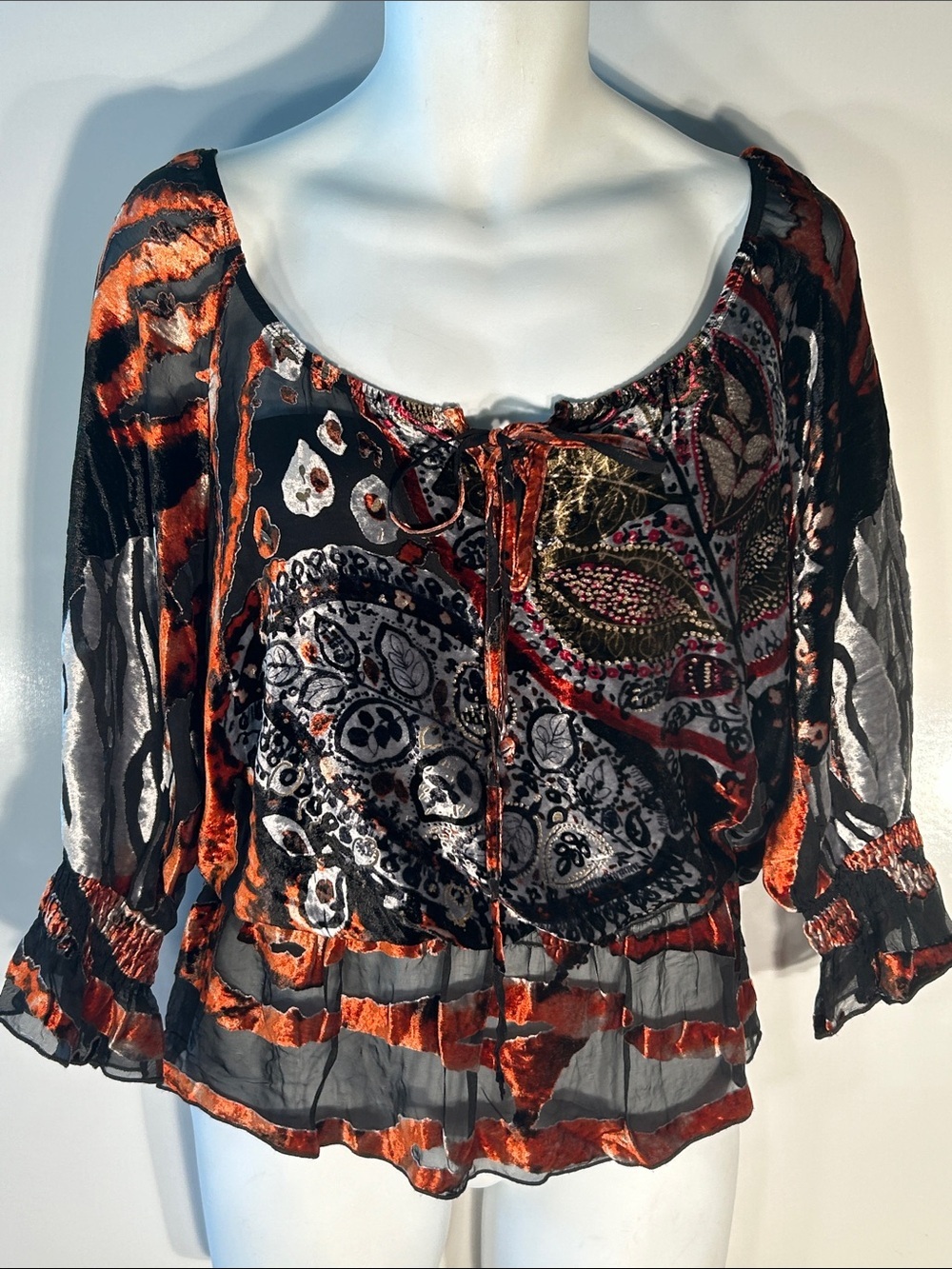 Mechant SZ M Black & Burnt Orange Burnout Velvet Peasant Blouse Boho Goth Fairy